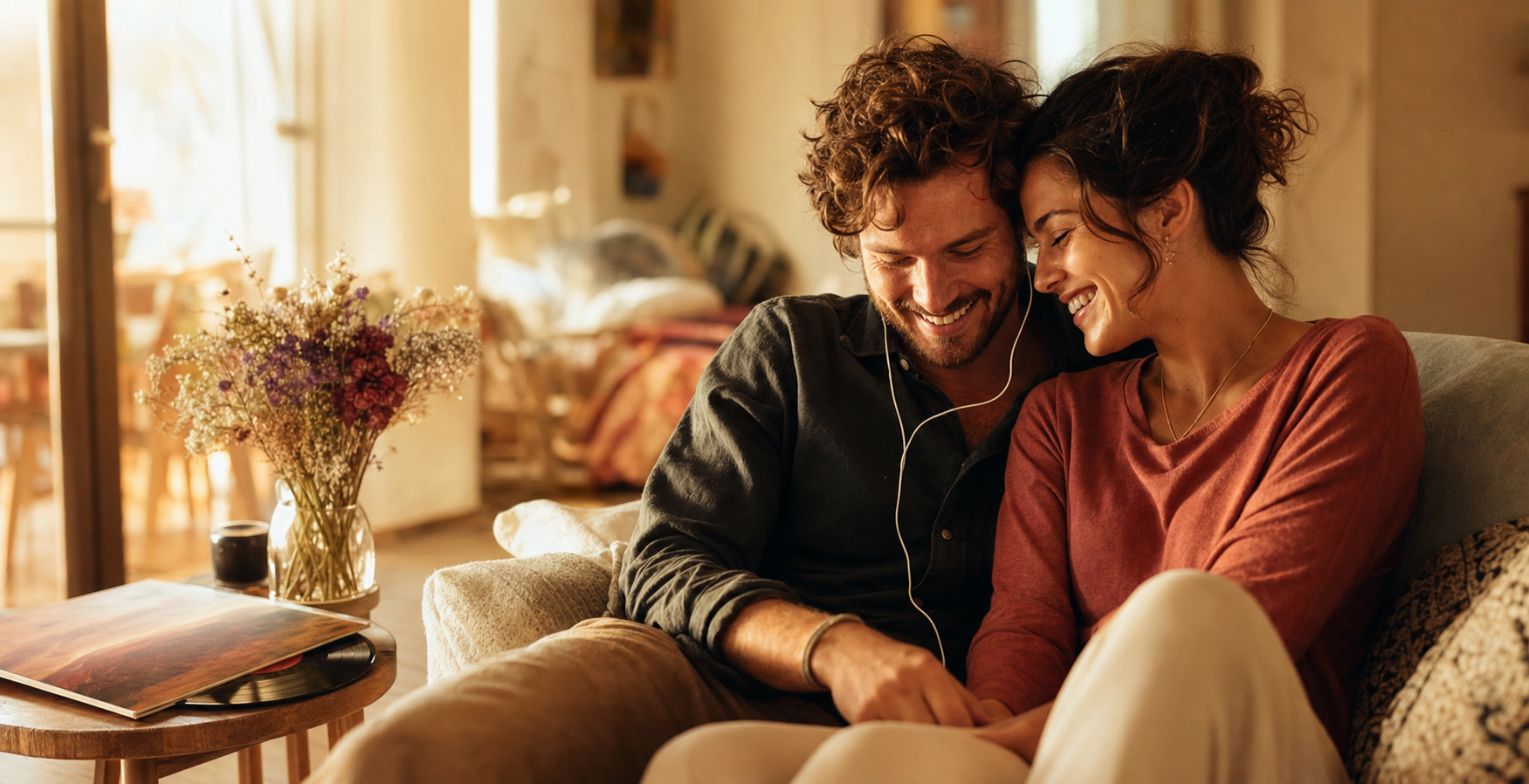 A couple sharing music together at home